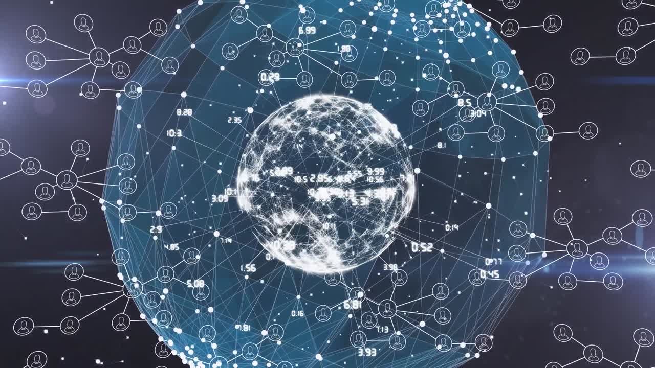 Animation of network of connections with people icons over globe