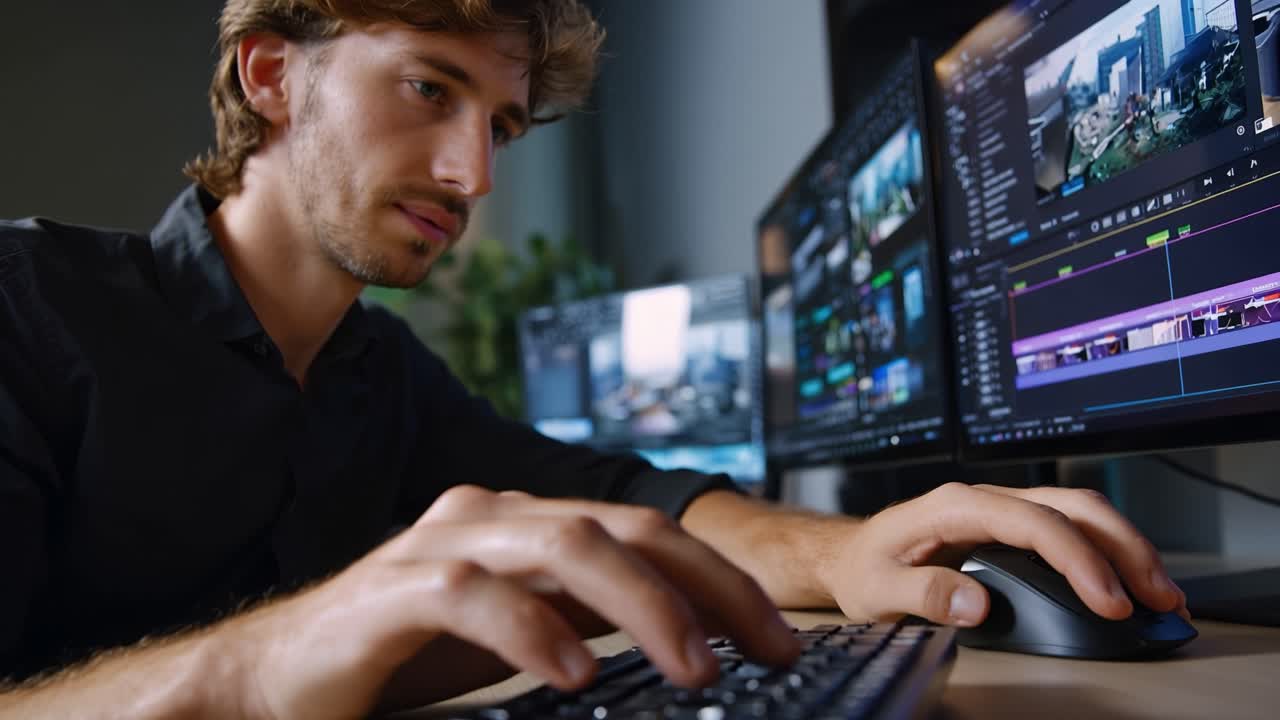 Giovane uomo concentrato sul software di editing video. Le mani si muovono su tastiera e mouse con precisione. Monitor multipli mostrano timeline di editing complesse e finestre di anteprima.