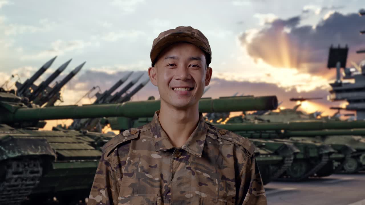 戦車を背に立ち、カメラに向かって笑顔を見せるアジア人男性兵士のクローズアップ