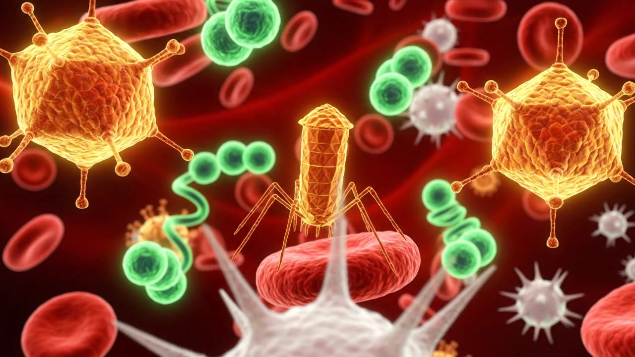 Animazione microscopica che mostra una varietà di diverse cellule virali e batteriche