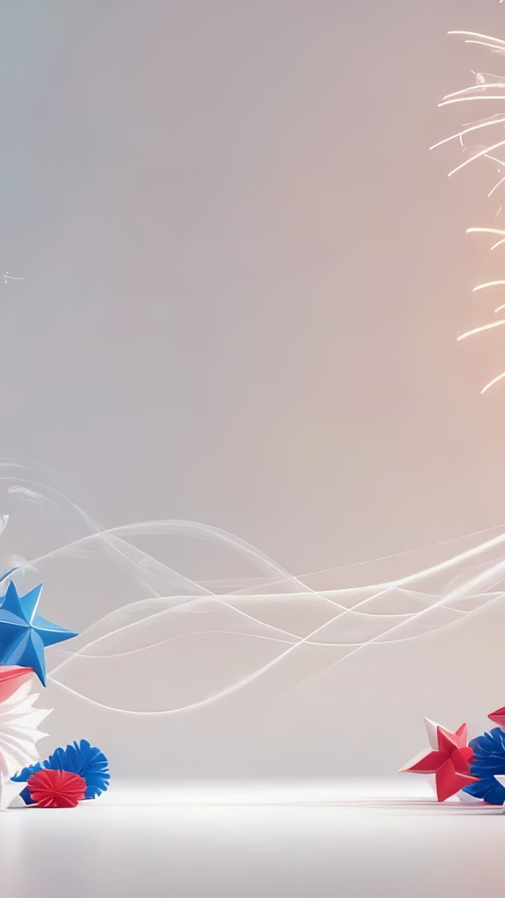 Vertical video: Animated golden fireworks switching above stage at start, with paper stars and fans