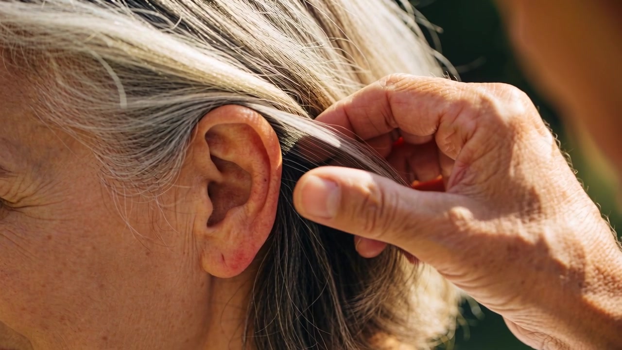 Una mano che sistema i capelli grigi di una donna anziana dietro l'orecchio in giardino, mostrando cura.