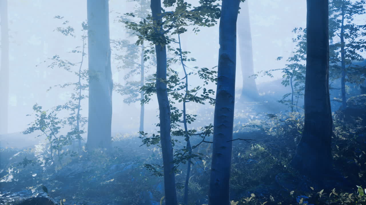 Misty forest with trees and foliage during early morning light