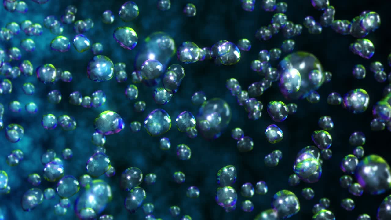 검은 바탕에 많은 물방울이 날아가고, 순수한 물방울, 투명한 표면, 공기 거품이 회전하는 3d 애니메이션, 루프 애니메이션.