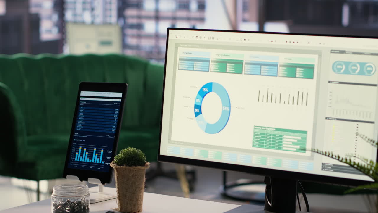 Office Desk Setup with Financial Charts on Computer and Tablet