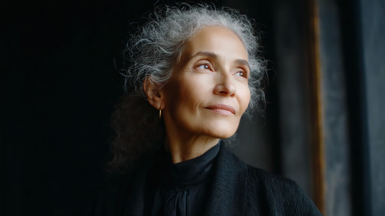 A graceful woman with silver hair gazes thoughtfully into the distance, embodying wisdom and serenity against a softly lit and moody backdrop