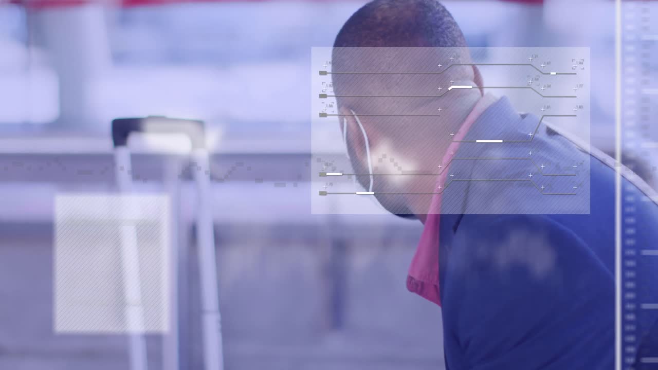 Animation of data processing over african american businessman with face mask