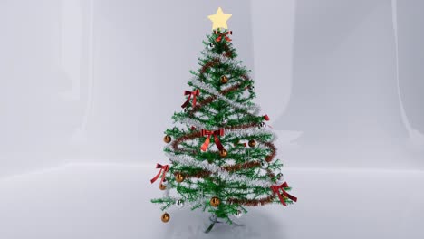 Christmas-tree-with-gold-and-silver-balls,-ornaments,-and-a-glowing-star,-on-white-glossy-background