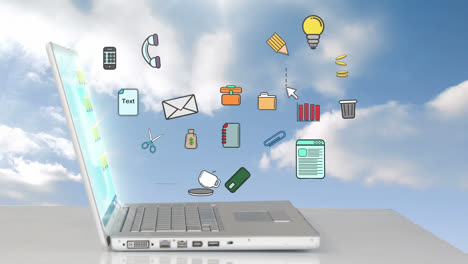 iconos de oficina apareciendo desde la computadora portátil