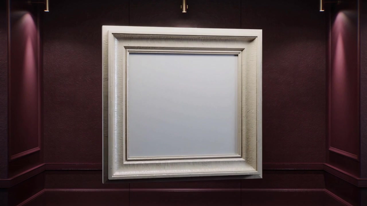 Rotující vyřezávaný čtvercový rám se spustí, odhalující jednoduchý vnitřní rám ve výklenku galerie.