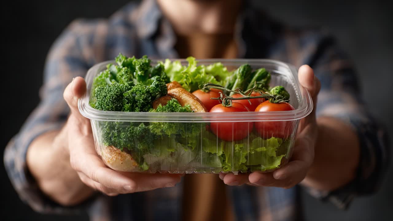 Healthy Living: A Close-Up of a Person Holding a Fresh Salad Box Packed with Vibrant Vegetables Including Broccoli, Tomatoes, and Crisp Greens for Nutritious Eating