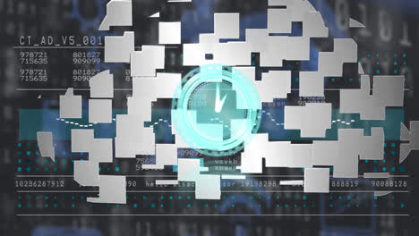 Animation of a cloud icon made of white squares appearing with clock ticking over data processing
