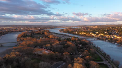 autumn fluvial island avignon barthelasse sunrise aerial shot france rhone river