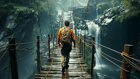 adventurer crossing a wooden bridge in a lush rainforest setting