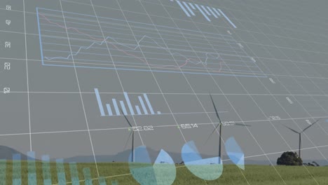 Animation-Mehrerer-Diagramme,-Sich-ändernde-Zahlen,-Ladekreis-über-Windmühle-Auf-Grünem-Feld