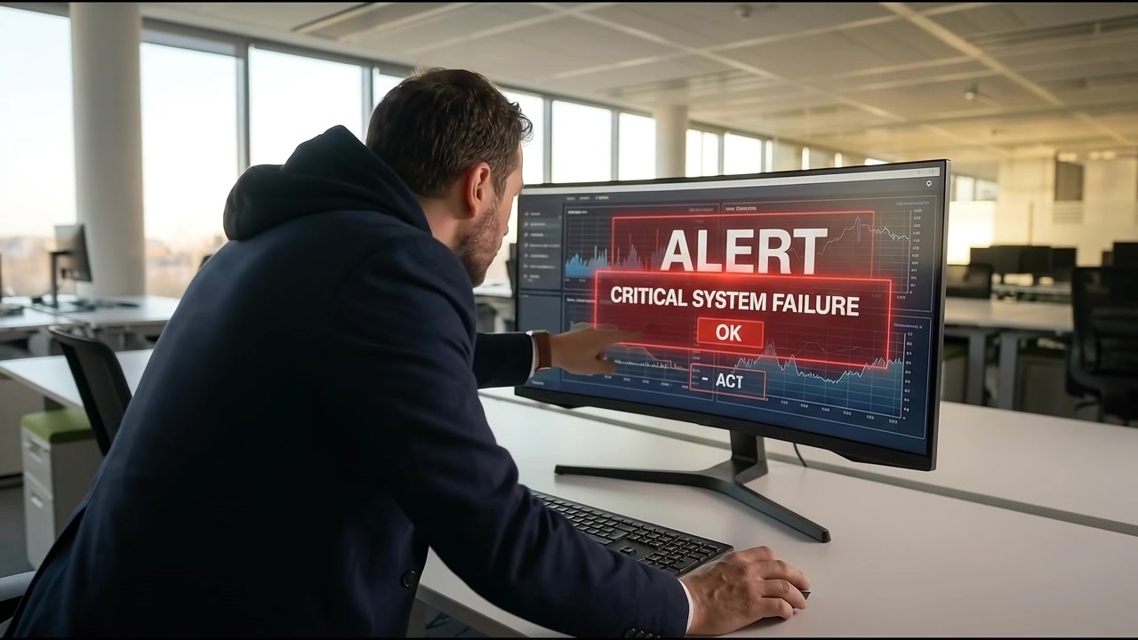 Stressed Businessman Dealing With Critical System Failure on Computer