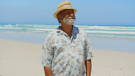 Front-view-of-active-senior-African-American-man-with-hands-in-pocket-standing-on-the-beach-4k