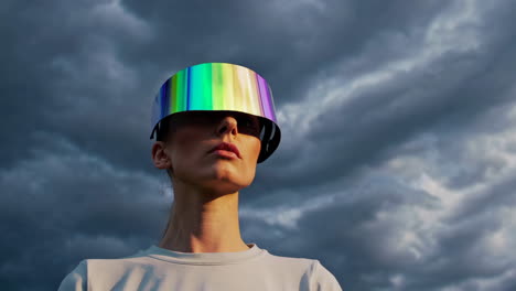 woman wearing futuristic iridescent visor against a cloudy sky