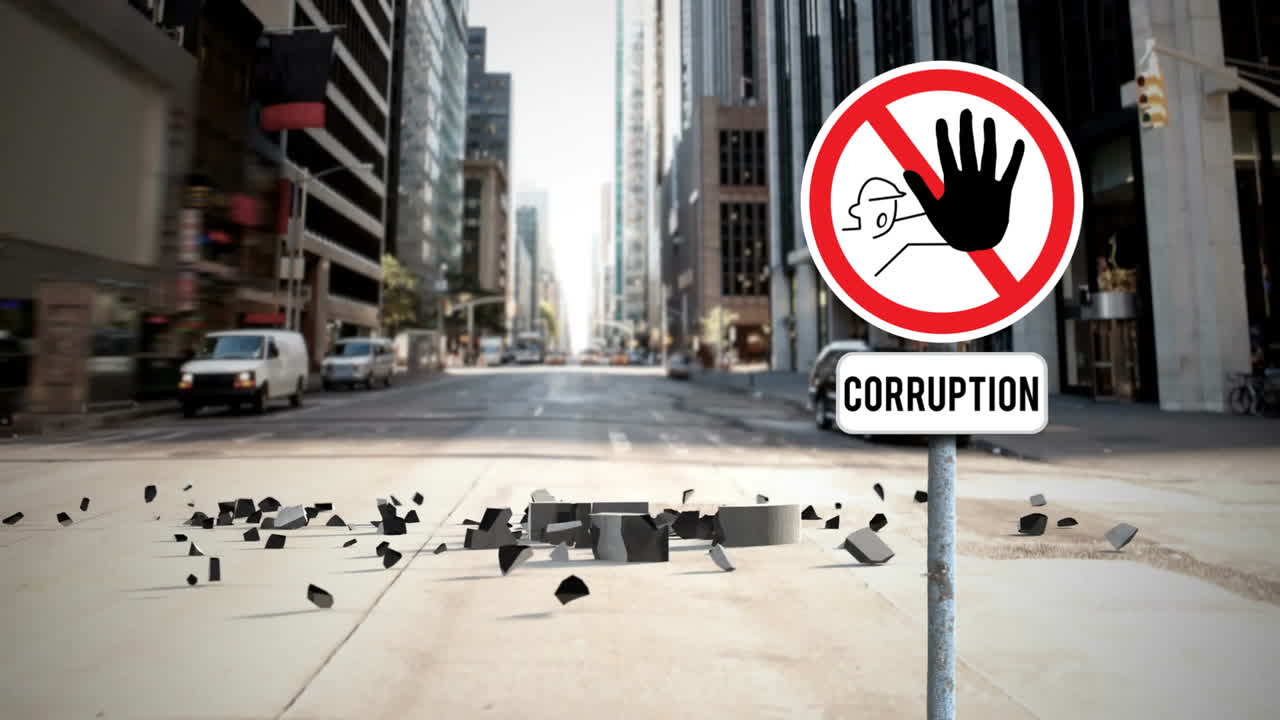 Animation of city and broken pound symbol over warning sign with corruption text