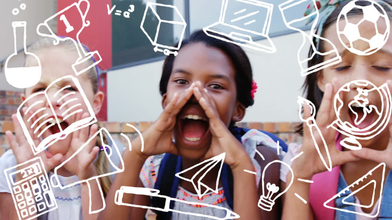 Animation of school icons over school children at school