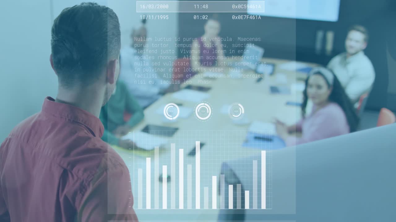 Animation of statistical data processing against caucasian man giving a presentation at office