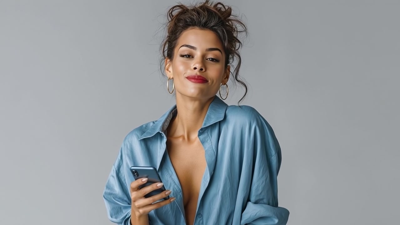 Donna allegra con capelli castani che controlla i messaggi sul suo cellulare in interni su sfondo grigio.