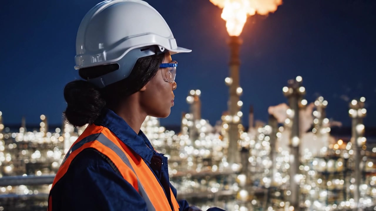 Un ouvrier concentré dans un environnement industriel surplombant une installation de torchage de gaz la nuit, soulignant la sécurité et l'engagement envers la production d'énergie.