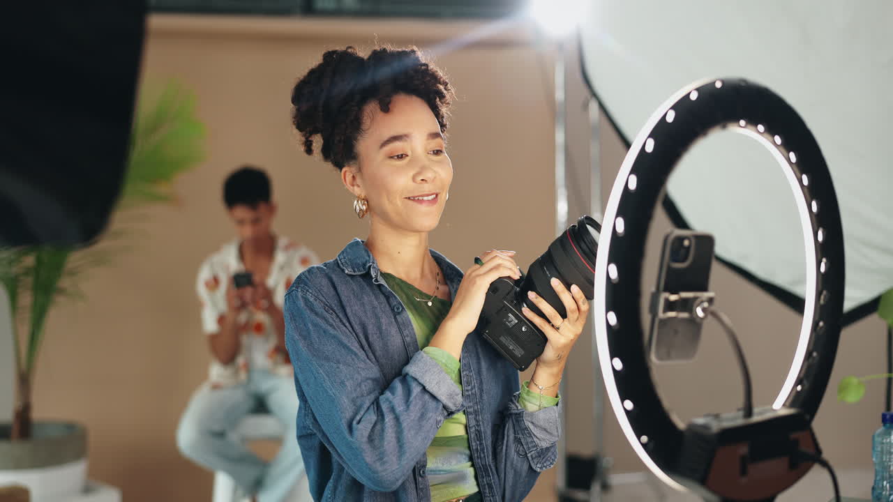 Woman vlogger creating content in a studio