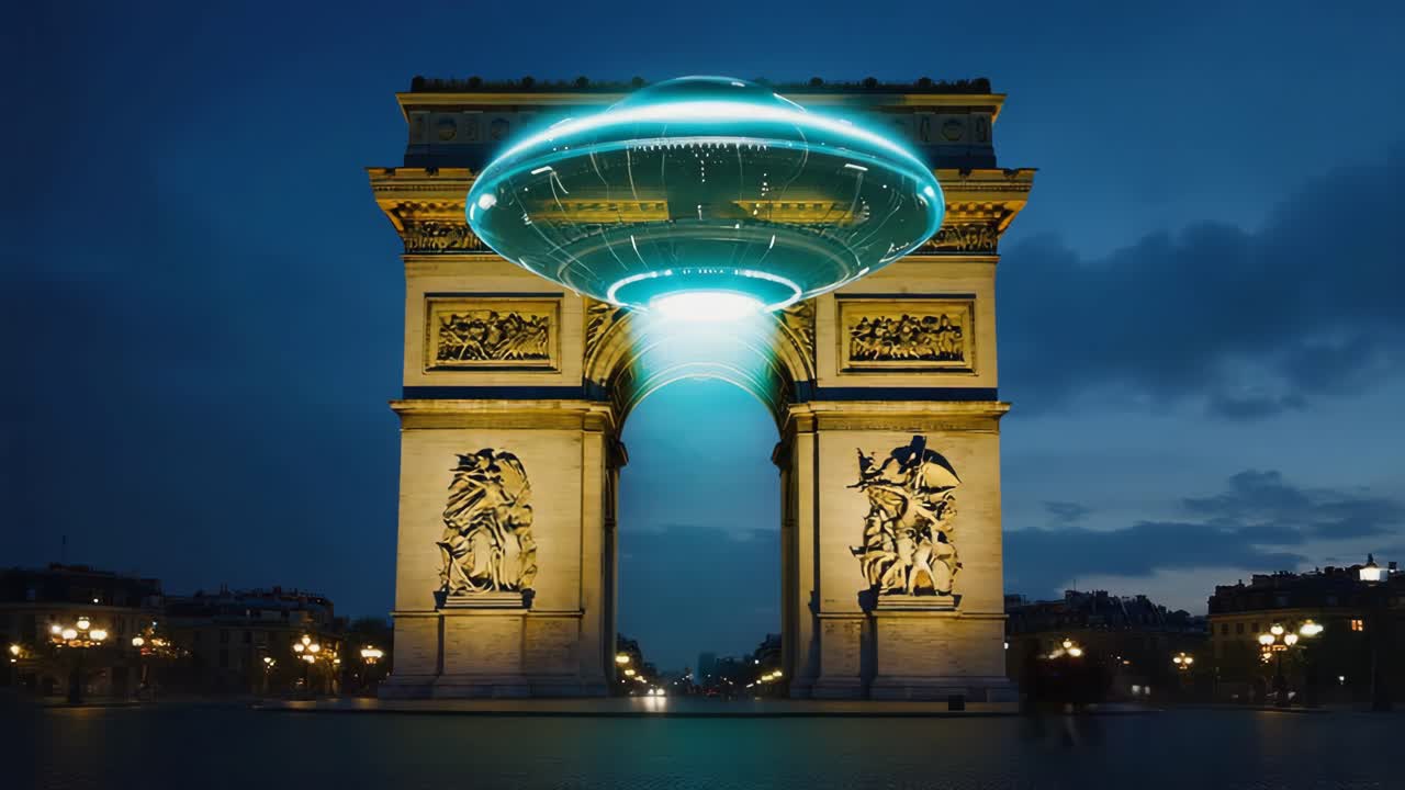 UFO Hovering Over Arc de Triomphe at Night