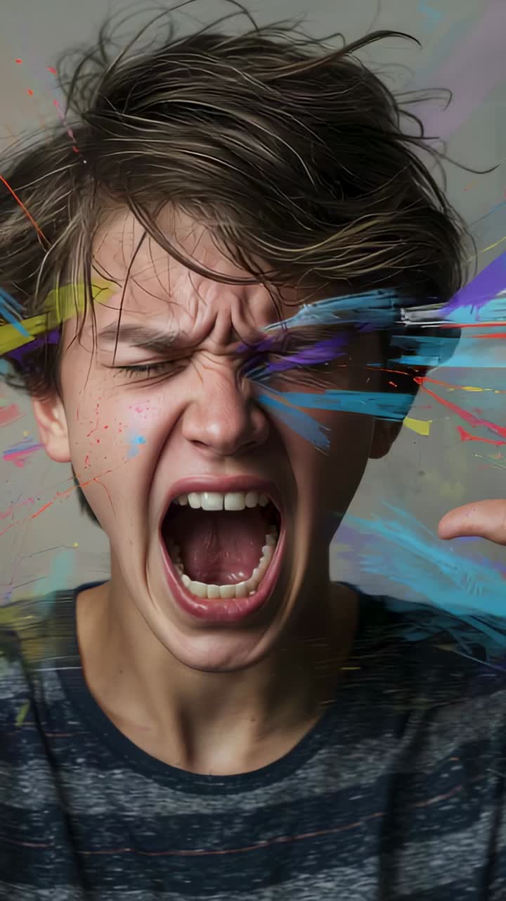 Video verticale: comparsa di striature di vernice, urlo di un adolescente in studio, che risponde al movimento della vernice