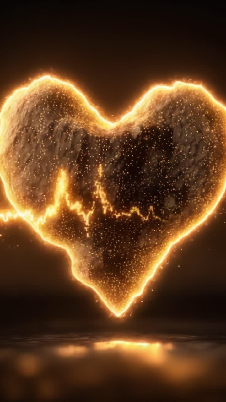 Una Straordinaria Rappresentazione Visiva di Vita e Passione: Un Battito Cardiaco in Evoluzione Illuminato da Particelle Dorate in una Dinamica Esposizione di Emozione