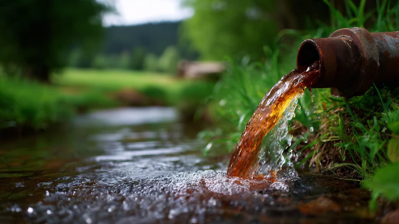 Acqua che scorre da un tubo in un ruscello sereno, mostrando la bellezza della natura mentre scende delicatamente; mettendo in evidenza l'interazione tra il tubo e l'ambiente circostante