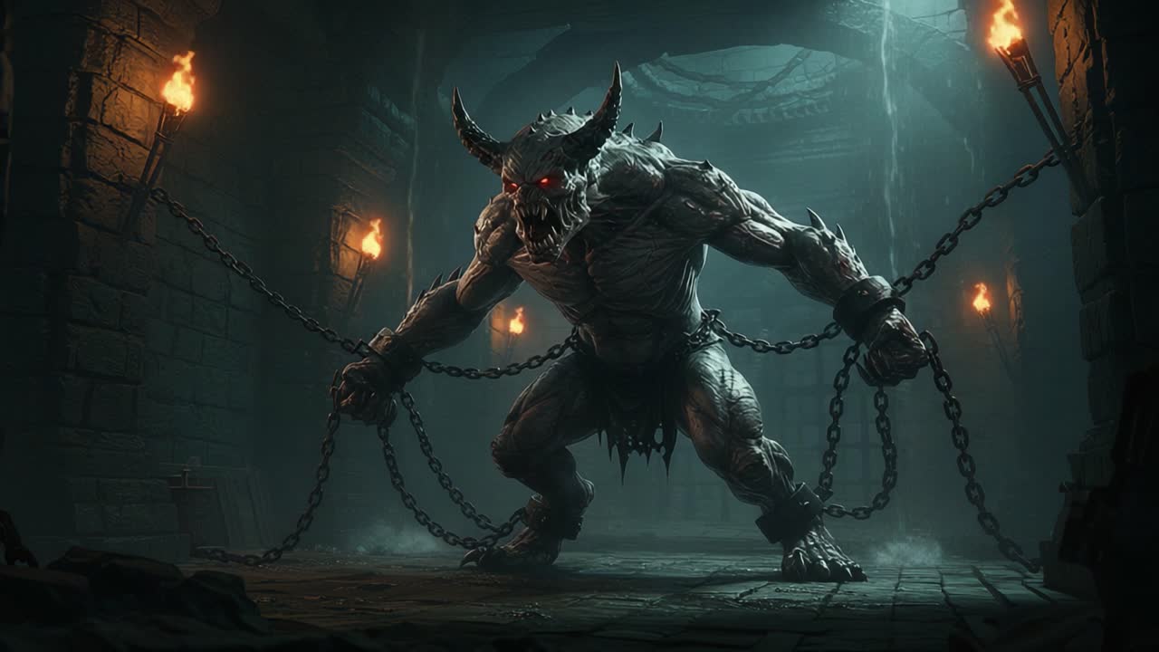 A fearsome, chained beast with glowing red eyes lurks in a dark medieval dungeon, showcasing its muscular form and ominous presence amidst flickering torchlight