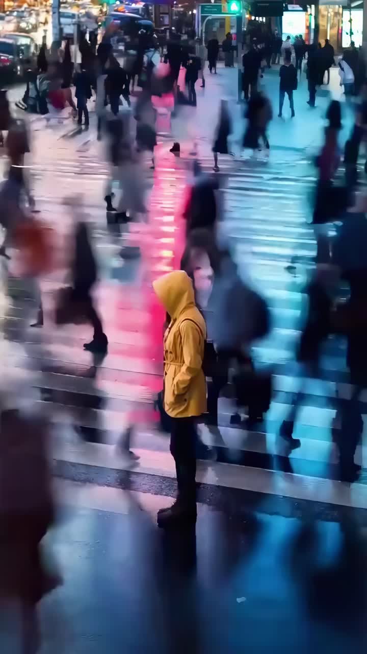 Vídeo aéreo de uma pessoa com casaco amarelo em meio a uma faixa de pedestres urbana movimentada e borrada.
