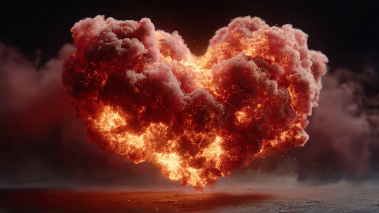 A Stunning Heart-Shaped Explosion of Fiery Clouds Illuminates the Darkness, Creating a Breathtaking Visual Experience with Radiant Colors and Unique Textures