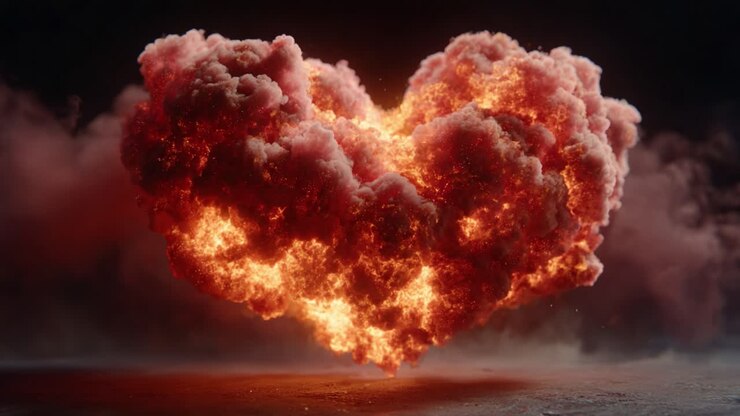 A Stunning Heart-Shaped Explosion of Fiery Clouds Illuminates the Darkness, Creating a Breathtaking Visual Experience with Radiant Colors and Unique Textures
