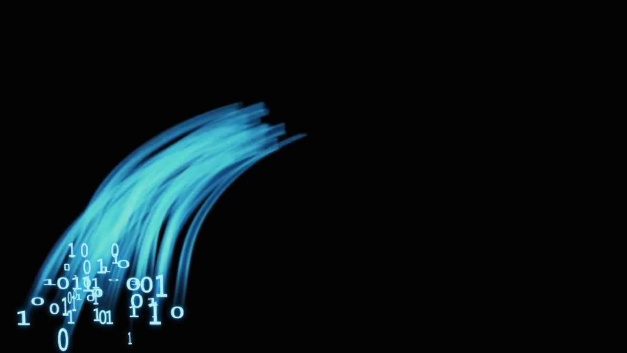 Animation of binary coding and blue light trails pattern moving over black background