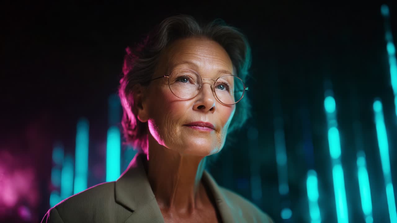 A thoughtful elderly woman with glasses gazes serenely into the distance, illuminated by vibrant light effects and colorful reflections that evoke a sense of nostalgia and wisdom in an artistic setting