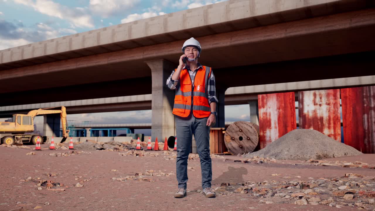 Full Body Of Asian Male Engineer With Safety Helmet Talking On Smartphone While Standing At The Site of Highway Construction