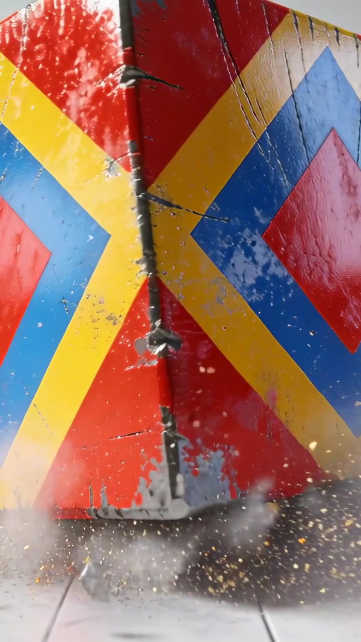 Video verticale: Un cubo dipinto che cade, colpendo delle piastrelle in uno studio, espellendo polvere e un angolo di metallo