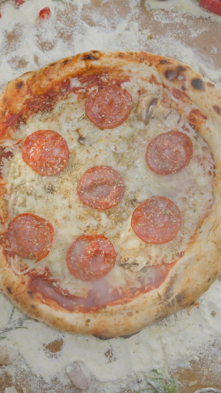 Pepperoni Pizza on Floured Surface
