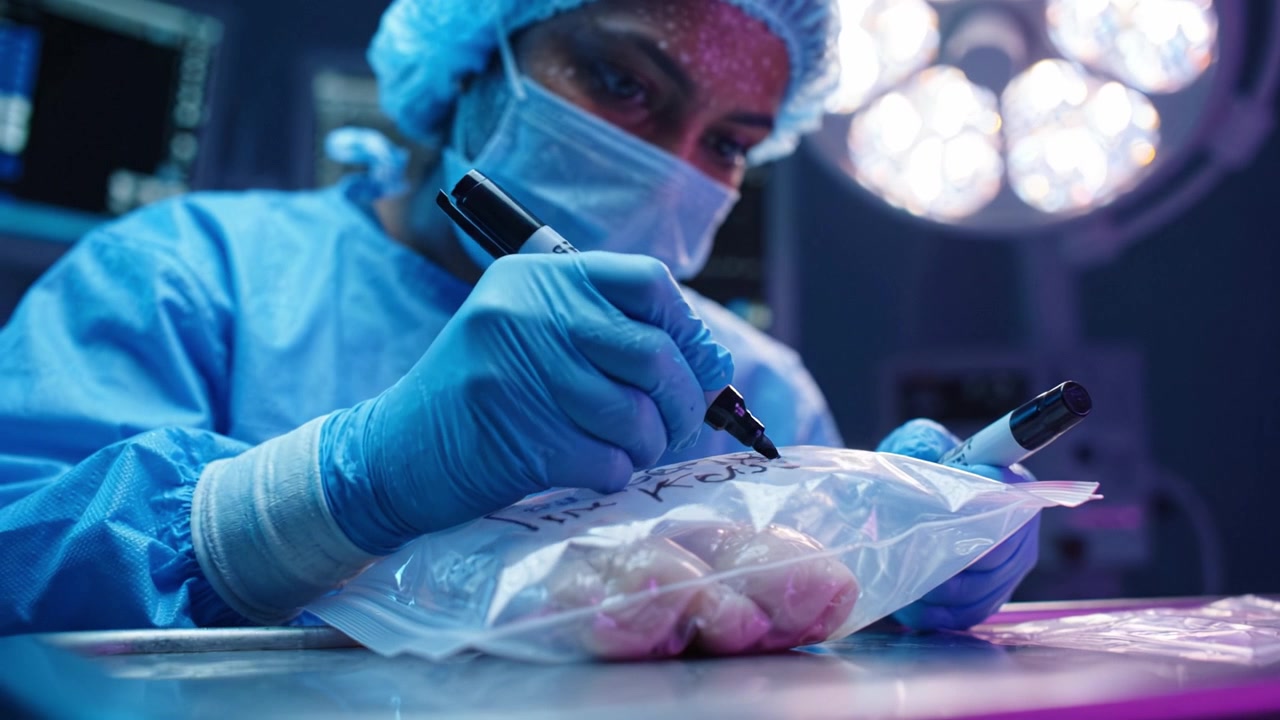 Professionista medico che documenta un campione in un ambiente chirurgico con marcatori, in un ambiente di laboratorio controllato sotto luci intense per analisi e studio.