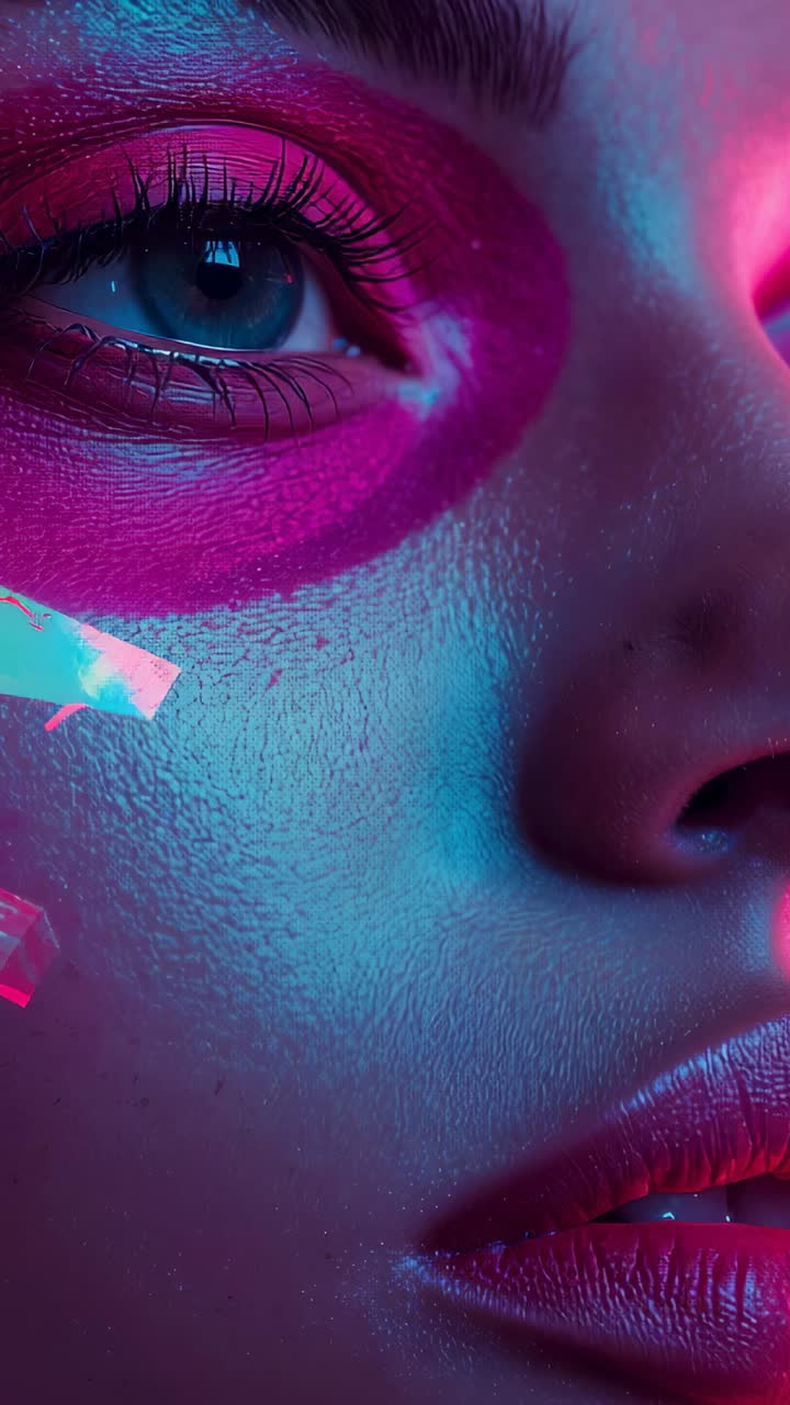 Vertical video: Showing woman blinking gazing in studio, magenta pigment and tape catching light