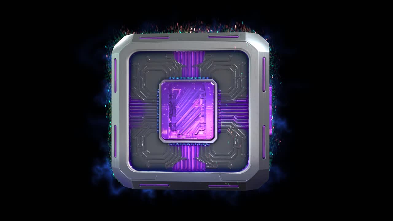 Futuristic 3D sci-fi quantum cube design 02, with metallic panels, embedded circuit patterns, and glowing energy accents on a dark background. Ideal for AI, quantum computing and sci-fi concepts