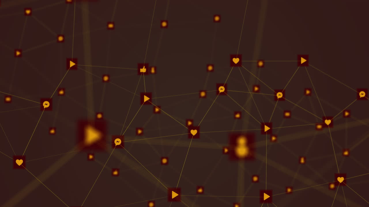 animación de conexión de red naranja con iconos de redes sociales en fondo negro