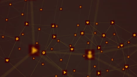 animación de conexión de red naranja con iconos de redes sociales en fondo negro