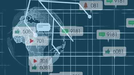 animation of multiple notification bars , message boxes, ai text and robot in circle over globe