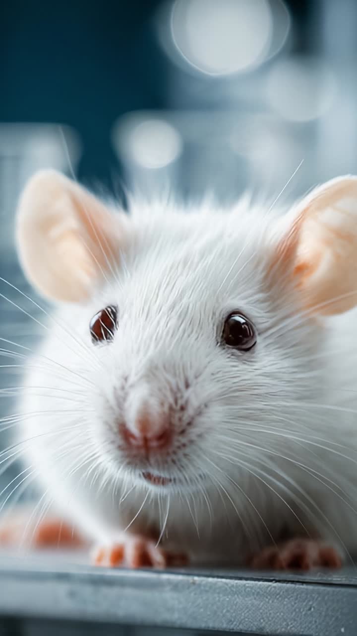 Accattivante primo piano di un topo bianco che illustra la bellezza e i dettagli delle sue caratteristiche in un ambiente di laboratorio