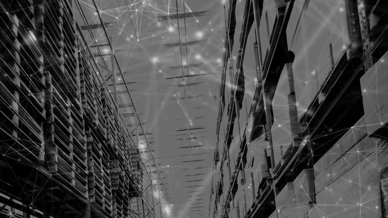 Animation of network of connections over shelves in warehouse