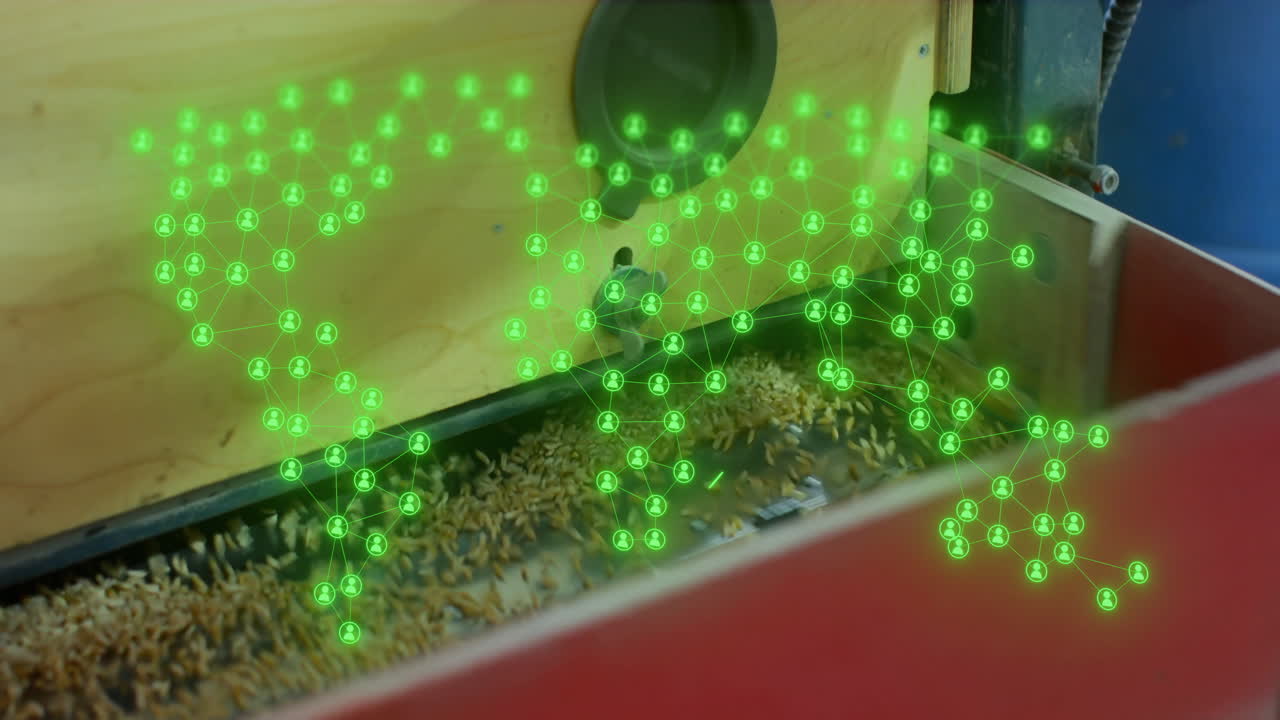 농업 기계에 대한 연결 네트워크 및 데이터 처리 애니메이션